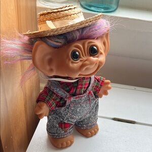 Troll Doll Uneeda Wishnik doll with Plaid Shirt and Straw Hat Vintage